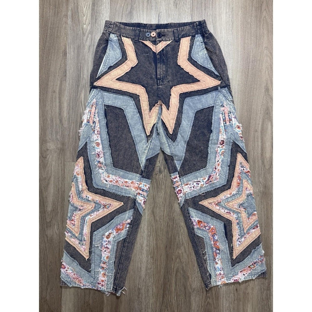 Oli & Hali Multi Star Patchwork Distressed Cotton Boho Wide Pants Size M